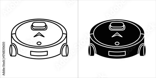 Set of two icons a black and white robot vacuum cleaner