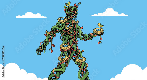 Intricate Humanoid Figure Crafted from Vines and Nests with Birds.