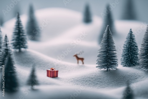 winter landscape with reindeer and christmas gift box