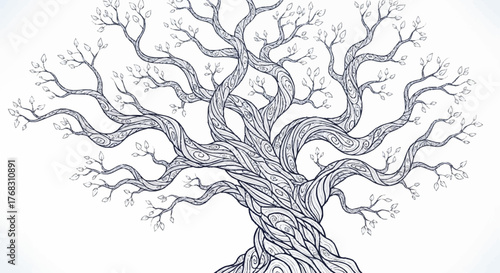 Intricate Hand-Drawn Tree with Bare Branches and Detailed Trunk.