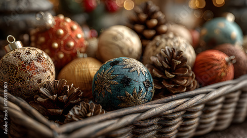 Christmas ornaments and pine cones resting in wicker basket with warm bokeh lights