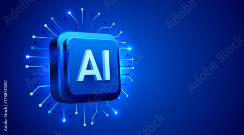 Brightly glowing AI chip on circuit board. Technology background. CPU processor on tech bg. Computer microchip on motherboard.