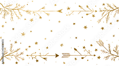 An elegant seamless border of golden line art branches, arrows, and stars. Art deco-inspired Christmas vector, isolated on white background.