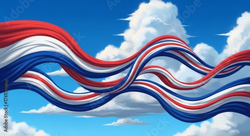 Inspiring patriotic sky with red, white, blue ribbons for celebrating freedom and national pride day