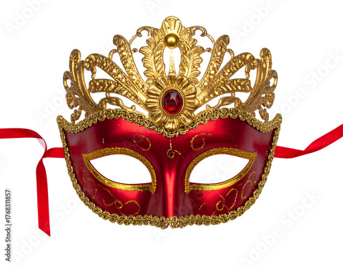Top-Down View of Red Masquerade Mask with Golden Ornaments and Ribbon Ties, Isolated on Transparent Background