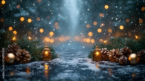 Christmas Holiday Background with Decorated Tree in Snow, Winter Festive Theme Design