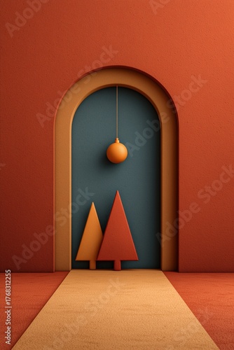 abstract geometric scene with trees and archway