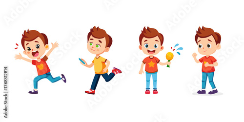 A set of four images boy in different poses background depth creative scene expression illustration design motion frame elements cartoonish gesture emotion colorful composition ... See More