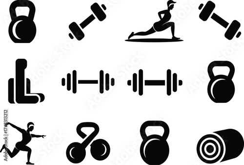 Collection of fitness and exercise icons representing strength training and active lifestyle silhouette