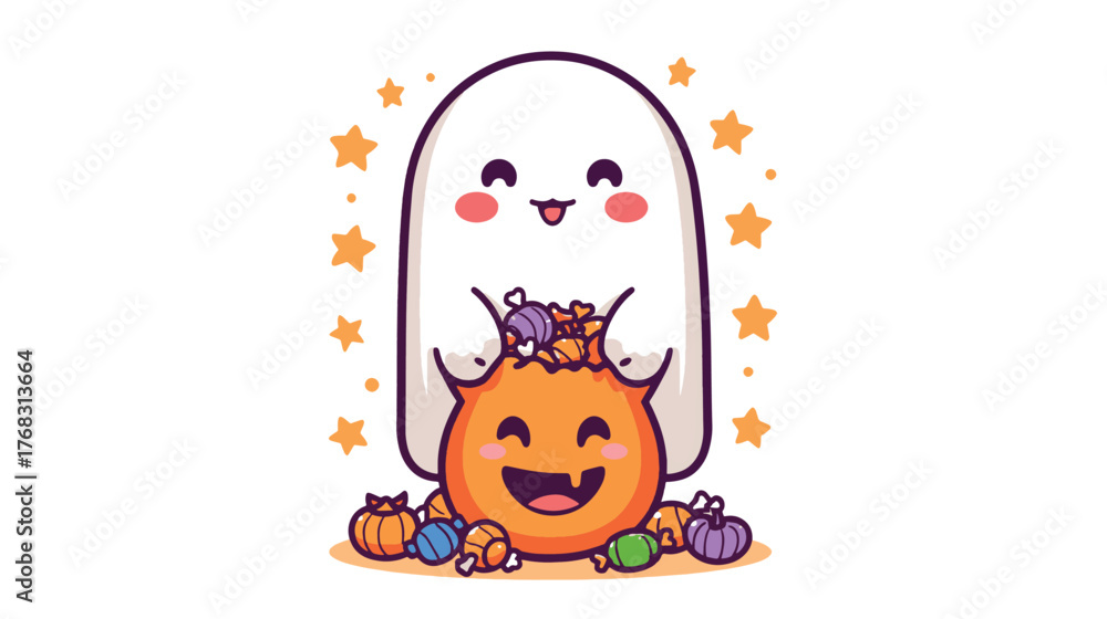 Fototapeta premium Happy Smiling Ghost with Trick or Treat Pumpkin Full of Candies Vector