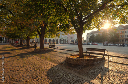 City, architecture, square, Uherské Hradiště, center, history, fountain, church, trees, cathedral