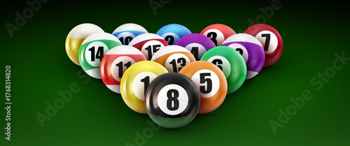 Vibrant billiard balls perfectly racked on a green pool table, ready for play.