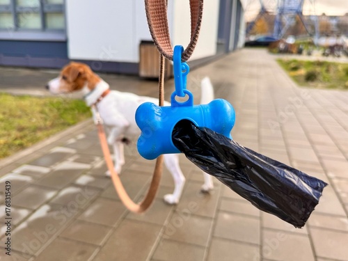 Fototapeta Naklejka Na Ścianę i Meble -  Pet Excrement Bags on a Leash. High quality photo