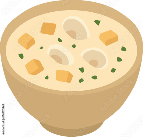 Creamy tofu and mushroom soup in beige bowl
