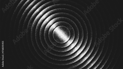 Minimalist stippling design with concentric circular geometry made from countless tiny dots creating illusion of light and shadow. Concentric rings composition in high contrast black and white. Vector