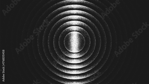 Minimalist stippling design with concentric circular geometry made from countless tiny dots creating illusion of light and shadow. Concentric rings composition in high contrast black and white. Vector