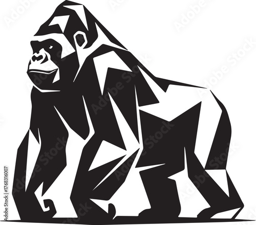 Geometric black and white gorilla illustration with abstract shapes