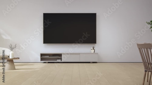 3d rendering of minimalist living room with modern armchair beside white beige media console near smart tv and dining table. Soft leaf shadow on bright wall in cozy interior space for relaxation.