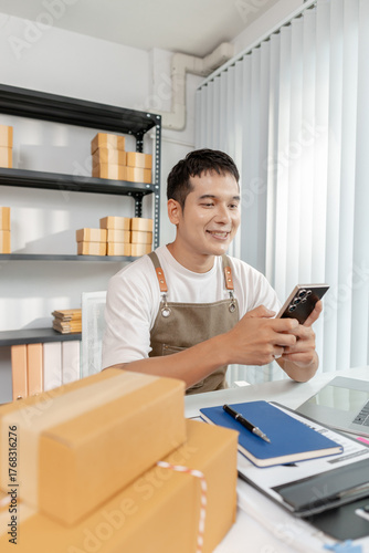 Modern online selling concept with entrepreneur preparing packages, showcasing ecommerce operations, startup growth, logistics solutions, and digital transformation in retail business.