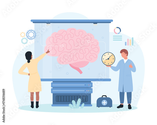 Medical brain research, neurology vector illustration. Cartoon tiny doctors and scientists test brain inside glass tube of tech science laboratory, examination of nervous system by neurologists