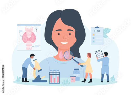 Diagnosis of thyroid disease vector illustration. Cartoon tiny doctors with magnifying glass and microscope for blood analysis test health of thyroid gland and endocrine system of female young patient