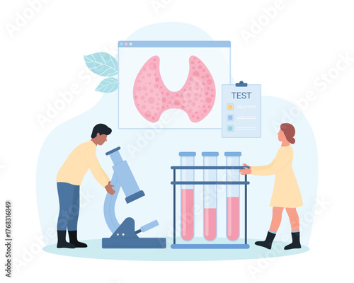 Thyroid health check, endocrinology examination vector illustration. Cartoon tiny endocrinologists examine blood tests with microscope to diagnose thyroid disease, biopsy in laboratory by doctors