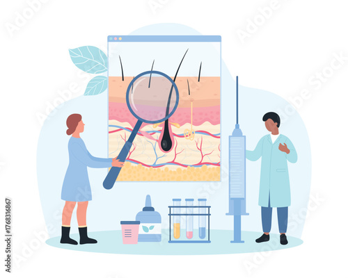 Trichology examination vector illustration. Cartoon tiny people trichologists with magnifying glass check anatomy diagram with layers structure of human skin and hair, study hair growth for diagnosis