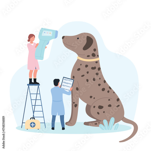 Dog at veterinarians appointment in vet clinic vector illustration. Cartoon tiny doctors with medical infrared thermometer scanner check puppy body temperature, characters examine pet in hospital