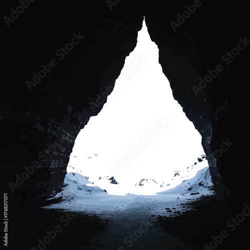 View from inside a dark cave looking out to a bright snow covered landscape with a path leading forward