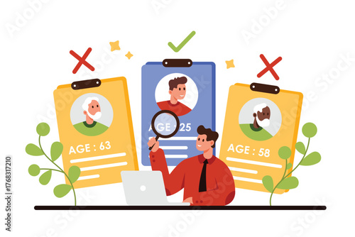 Age discrimination, ageism problem of society. Tiny HR manager with prejudice towards older candidates for vacancy, studying resume of employees through magnifying glass cartoon vector illustration