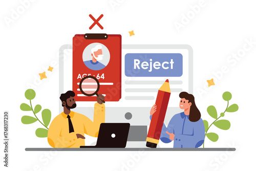 HR agency age discrimination, wrong recruitment ethics, employment and career problem of seniors. Tiny people with magnifying glass and pencil reject old man CV cartoon vector illustration
