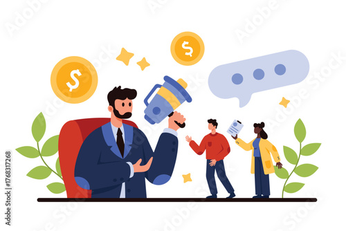 Arrogant bad behavior of corporate leader, tyrant and office dictator with ambitions. Tiny crowd of people trying to share opinion to big boss or employer with megaphone cartoon vector illustration