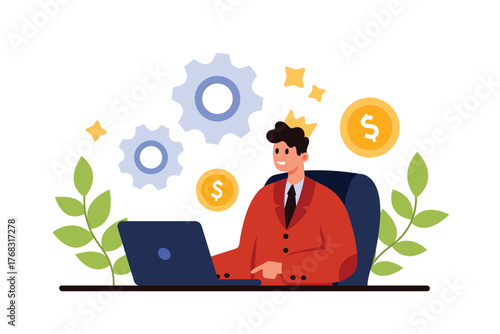 Big boss, arrogant behavior of successful confident businessman, employer or corporate director. Portrait of tiny man in gold crown of king sitting at table with laptop cartoon vector illustration