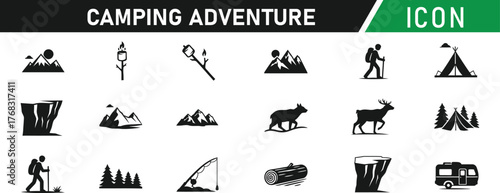Camping adventure glyph icon set. Including Tent, Campfire, Backpack, Tree, Compass, Map, Canoe, Mountain, Flashlight, Fishing Rod. Vector silhouette illustration