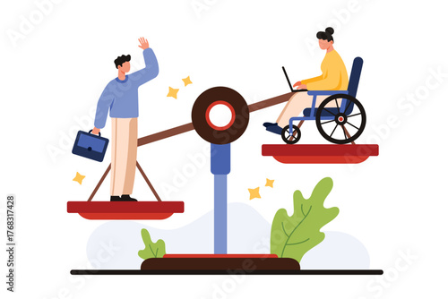 Discrimination, ableism, bias in society and HR company management against office employee with disability. Tiny woman in wheelchair, man with briefcase standing on scales cartoon vector illustration