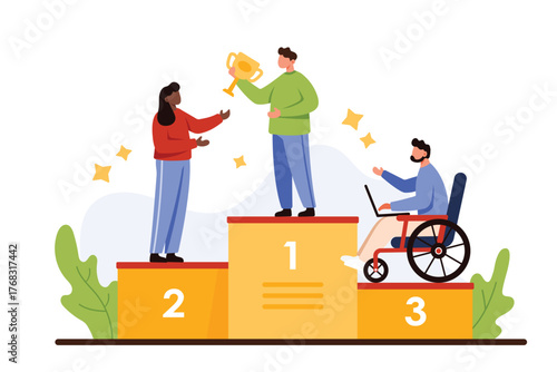 Discrimination, ableism, bias in society, social prejudice against office employee with disability. Tiny people standing on winners podium, woman in wheelchair in 3 place cartoon vector illustration