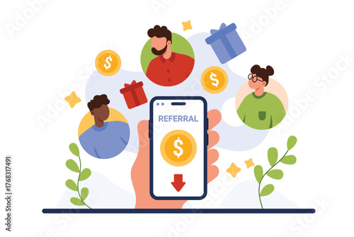 Loyalty program invite friend, deal partnership and bonuses to earn money. Hand of influencer holding phone with Referral text and gold coin, faces of people and gifts cartoon vector illustration