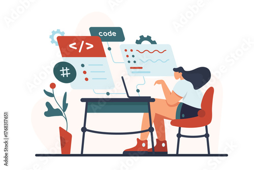 Software, backend development, work process with program code. Woman developing application system, professional female engineer and coder character working with laptop cartoon vector illustration