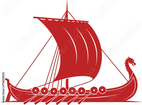 Red Viking Longship or Drakkar Silhouette Vector - Ancient Norse Mythology and Sailing Ship Graphic