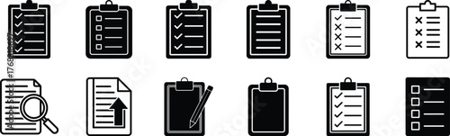 Collection of black and white clipboard and document icons checklist to do list