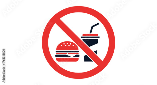 A prohibition sign is displayed over a hamburger and a drink.