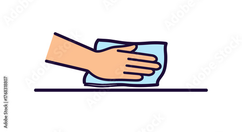 A hand holds a cleaning cloth, wiping a surface clean, illustrating hygiene.