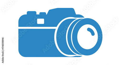 A blue icon of a camera is on a white background.