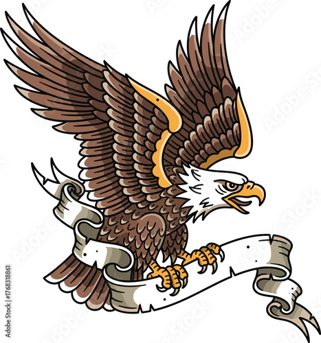 Traditional American Tattoo Style Eagle with Banner Vector, Old School Flying Bird Mascot Design