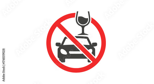 A prohibition sign overlays a car with a wine glass, illustrating the dangers of drunk driving.