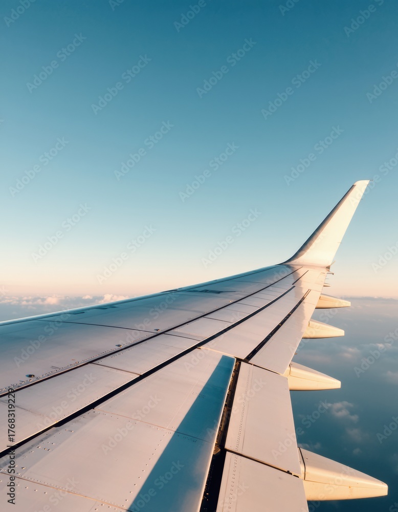 Fototapeta premium Airplane wing against a clear blue sky, capturing the essence of travel