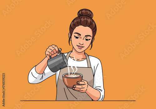 Dedicated female barista expertly crafting a delicious coffee beverage, gently pouring steamed milk into a mug to create intricate latte art, a vibrant flat vector illustration