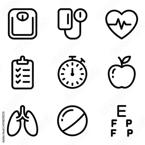 Medical Health Icons Set With Weight Scale Blood Pressure Heart Lungs Apple Stopwatch illustration