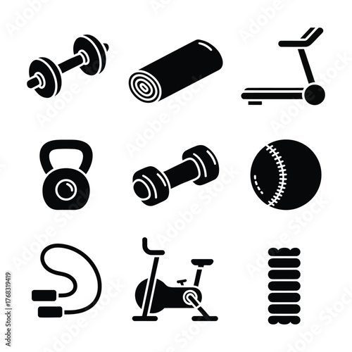 Fitness equipment icons dumbbell kettlebell treadmill bike and ball exercise workout