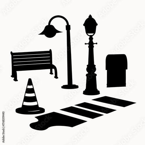 Silhouette illustration of a park bench street lights trash can and crosswalk on a white background